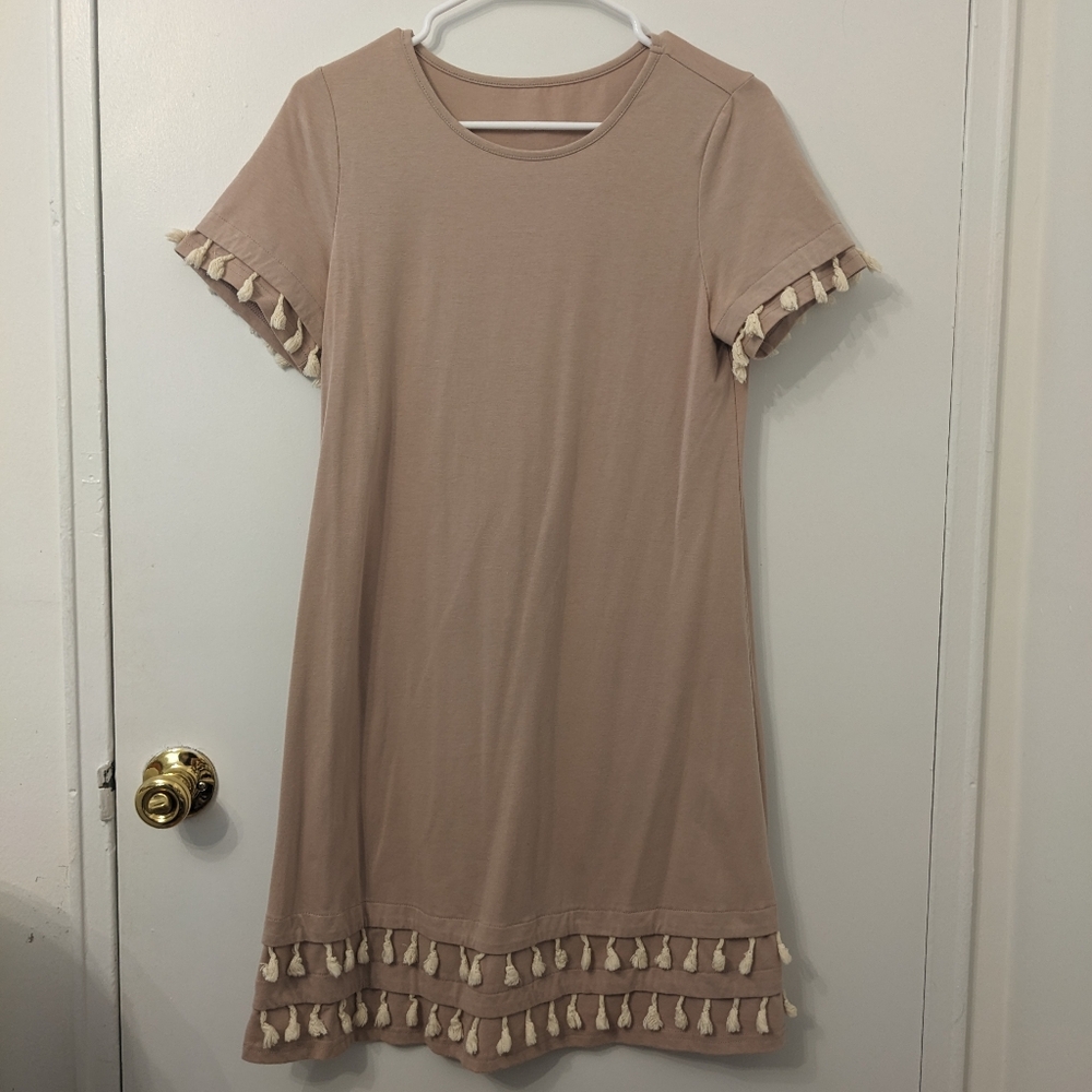 Romwe Women's Short Sleeve Loose Tunic Tassel Detail Dress in Apricot - Size S